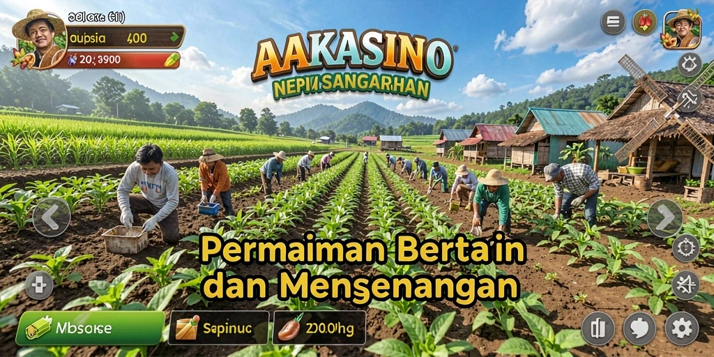 Screenshot gameplay AAKASINO yang menampilkan pertanian yang indah dan produktif.