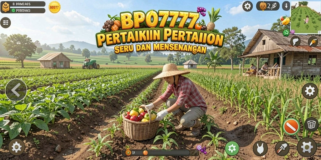 Screenshot BPO777 menampilkan petani sedang merawat tanaman dengan pemandangan kebun yang indah.