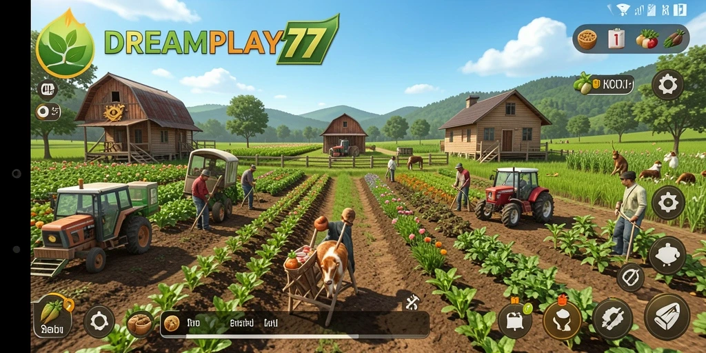 Screenshot utama DREAMPLAY77 menampilkan gameplay bertani yang seru dan interaktif.
