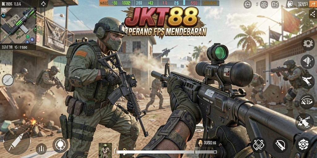 Screenshot gameplay JKT88 menampilkan aksi tembak-menembak yang intens.