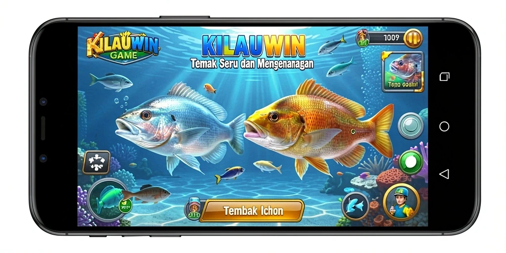 Screenshot gameplay KILAUWIN yang menampilkan aksi menembak ikan.