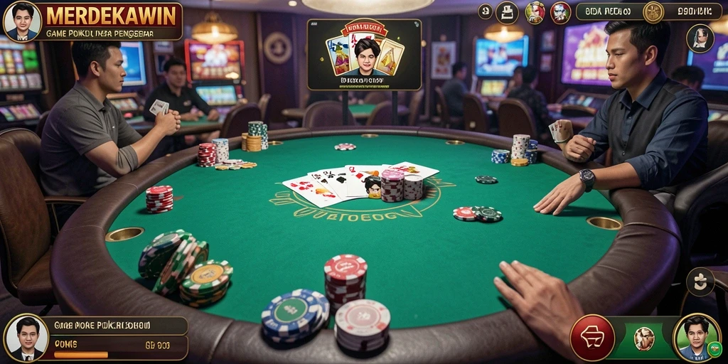 Tampilan gameplay seru MERDEKAWIN dengan tantangan poker yang menarik.