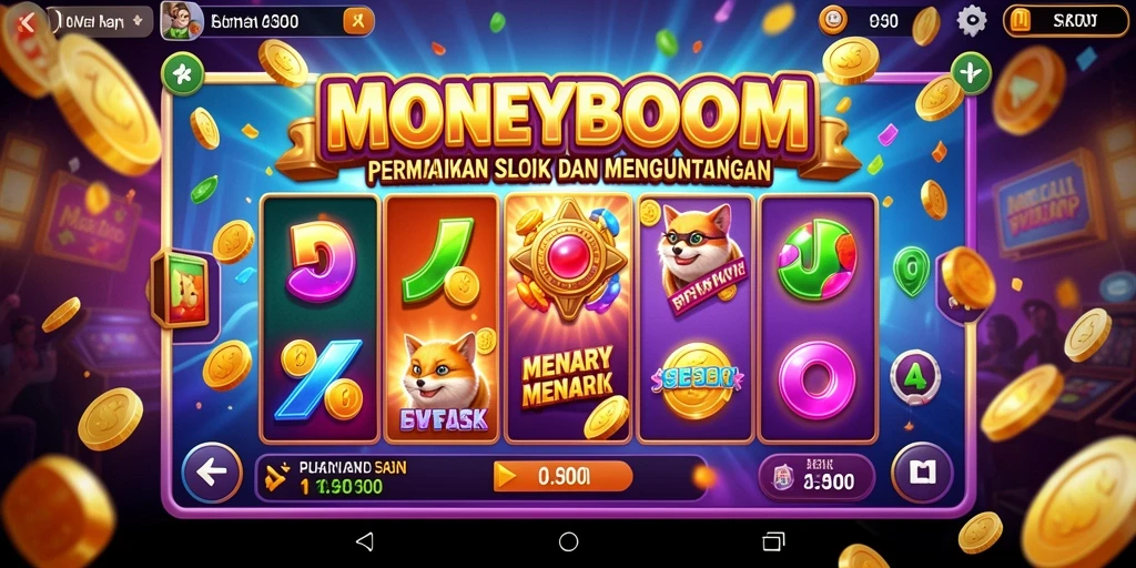 Tampilan gameplay menarik dari MONEYBOOM dengan simbol dan efek grafis.