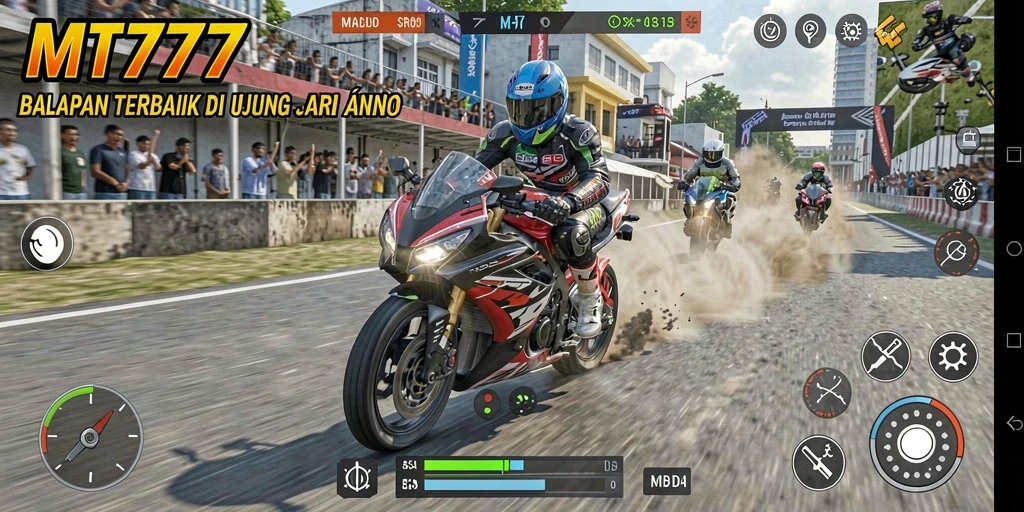Screenshot utama MT777 menampilkan aksi balapan motor yang mendebarkan.