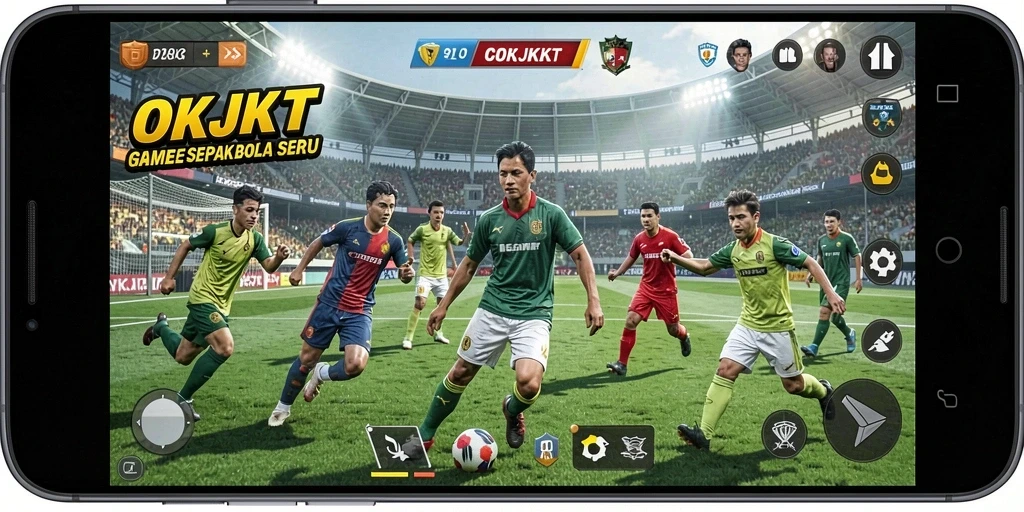 Screenshot utama OKJKT menunjukkan aksi seru di lapangan sepak bola.