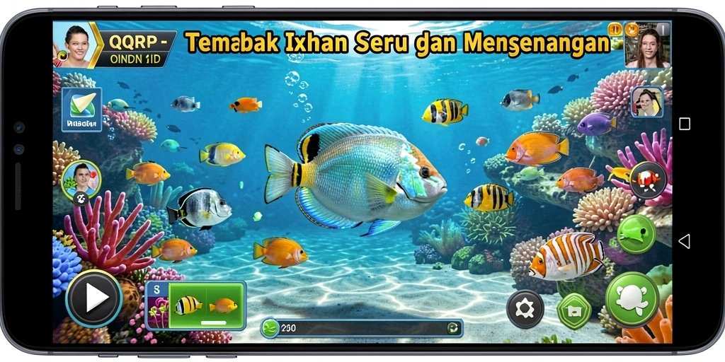 Tampilan permainan QQRP saat menembak ikan yang berwarna-warni.