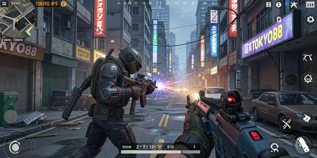 Screenshot gameplay TOKYO88 yang menampilkan grafis FPS yang menakjubkan.